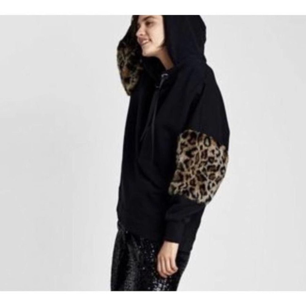 Zara EUC Black Hooded Sweatshirt Lace Ties Faux Fur Trimmed Sleeves Size M Hood - Picture 4 of 11